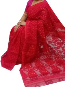 Women's Cotton Minakari Red Dhakai Jamdani Saree