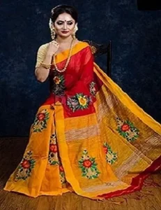 Red & Yellow Handloom Cotton Silk Saree With All Over Work & Unstitched Blouse Piece