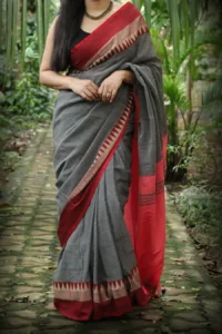 Premium Quality Grey Color Handloom Cotton Sarees With Temple Border & Unstitched Blouse Piece