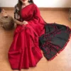 Handloom Red & Black Cotton Saree With Pom Pom Pallu & Unstitched Blouse Piece