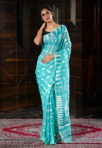 Traditional Aqua Colour Cotton Silk Jamdani Saree Without Blouse Piece