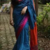 Premium Quality Blue Color Handloom Cotton Sarees With Temple Border & Unstitched Blouse Piece