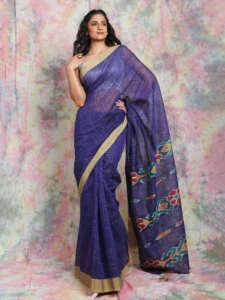 Premium Quality Blue Colour Handloom Pure Cotton Sarees With Katki Work & Unstitched Blouse Piece