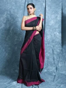 Premium Black Colour Handloom Pure Cotton Sarees With Pink Contrast Border & Unstitched Blouse Piece