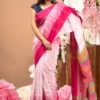 Premium Quality White and Pink Colour Handloom Pure Cotton Sarees With Unstitched Blouse Piece