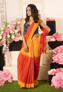 Premium Quality Yellow & Pink Colour Handloom Cotton Sarees With Unstitched Blouse Piece