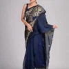 Misha Boutique Blue Linen Jamdani Saree With Designer Work and Unstitched Blouse Piece