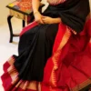 Premium Quality Black Color Handloom Cotton Sarees With Temple Border & Unstitched Blouse Piec