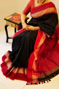 Premium Quality Black Color Handloom Cotton Sarees With Temple Border & Unstitched Blouse Piec