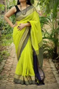 Premium Quality Yellow Color Handloom Cotton Sarees With Temple Border & Unstitched Blouse Piece