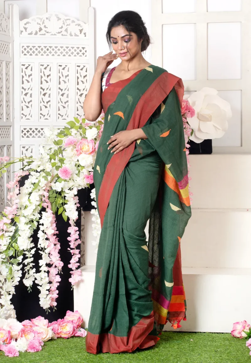 emerald green handloom saree with multicolor pyramid motifs 6024efff48d49 1613033471 1