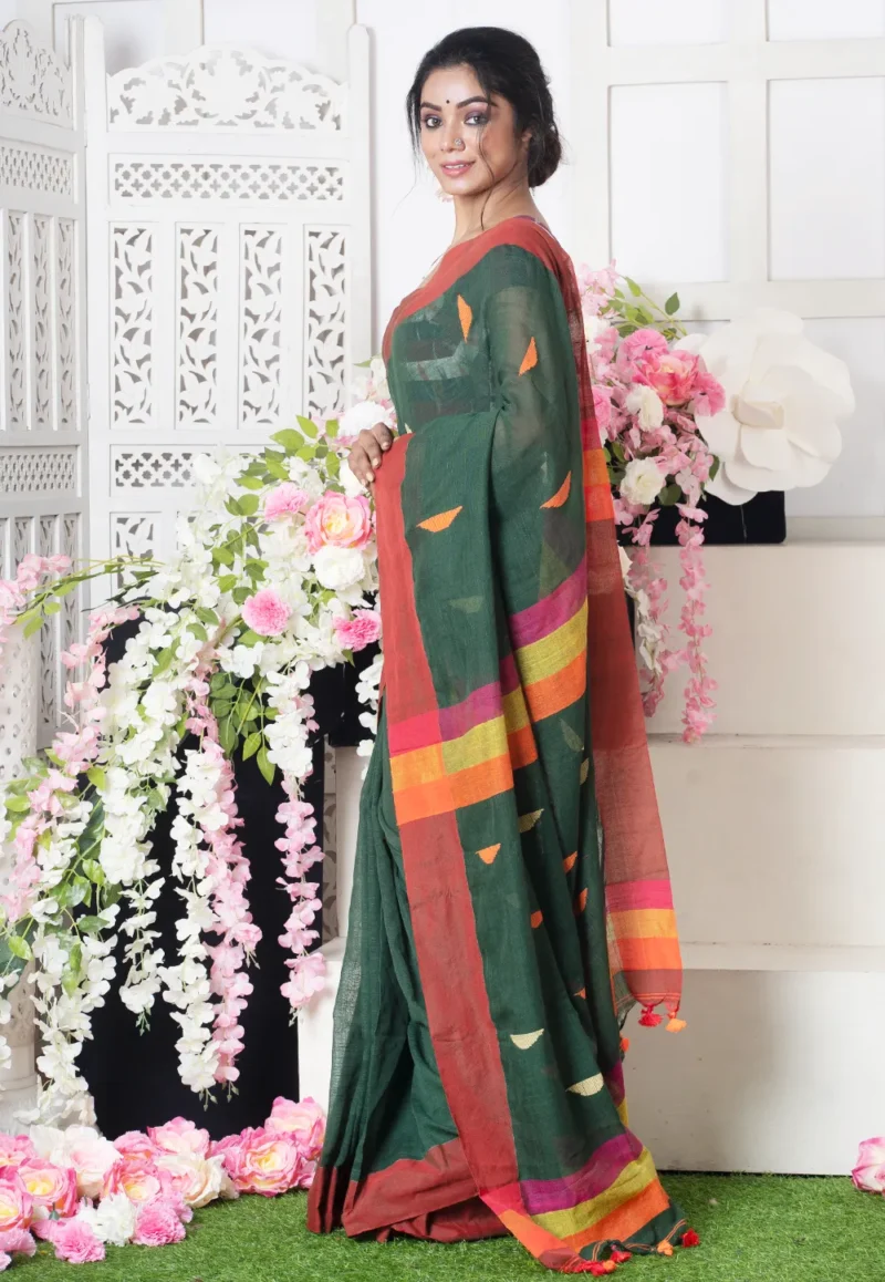 emerald green handloom saree with multicolor pyramid motifs 6024efff96710 1613033471 1