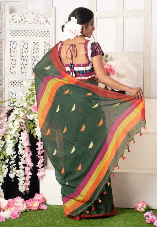 emerald green handloom saree with multicolor pyramid motifs 6024efffe71fd 1613033471 1