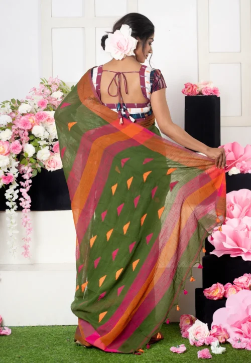 forest green handloom saree with multicolor pyramid motifs 60265430ec738 1613124656