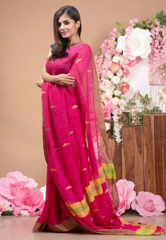 pink handloom saree with multicolor pyramid motifs 6020f3fcca1dc 1612772348 1