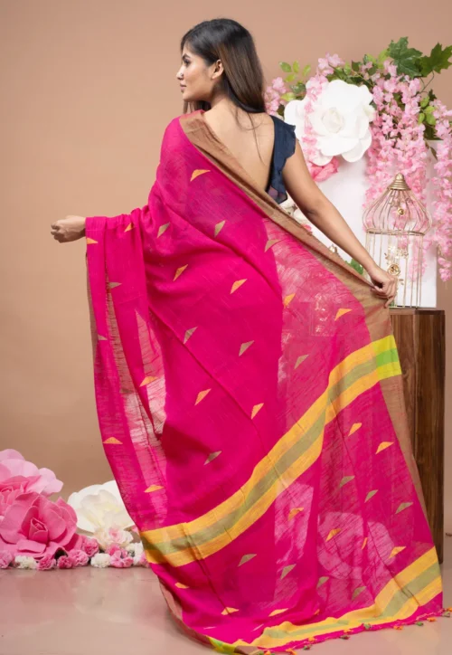 pink handloom saree with multicolor pyramid motifs 6020f3fd2165e 1612772349 1