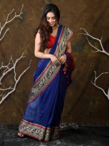 Premium Quality Blue Begumpuri Cotton Saree With Kalka Design