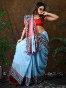 Premium Quality Sky Blue Begumpuri Cotton Saree With Kalka Design