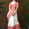 Premium Quality White and Red Begumpuri Cotton Saree With Running Blouse Piece