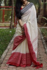 Premium Quality White and Red Begumpuri Cotton Saree 13