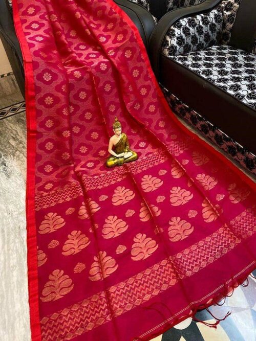 Gorgeous Dark Pink Handwoven Cotton Linen Floral Jamdani Saree