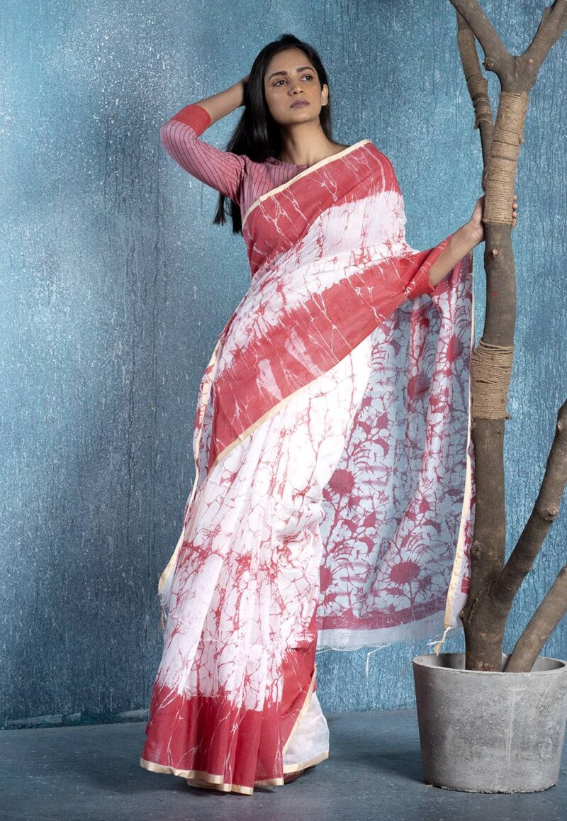 red and white marble print handloom blended cotton saree 618fa41e09137 1636803614