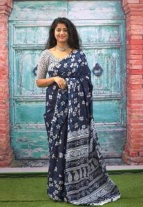 Premium Blue Mulmul Cotton Saree