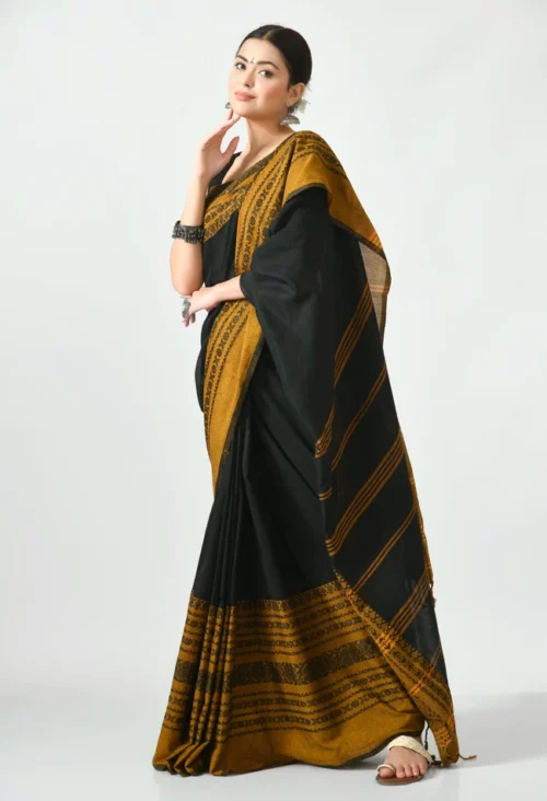 black with mustard border begumpuri khadi cotton saree 289579 650x