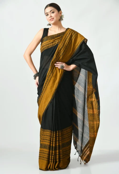 black with mustard border begumpuri khadi cotton saree 853577 1800x1800