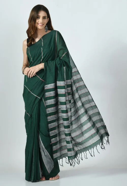 green grey khesh saree with stripes