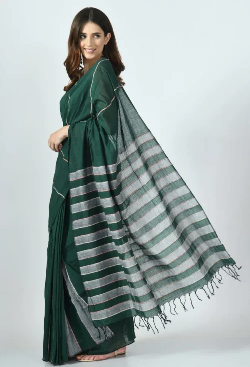 green grey khesh saree with stripes