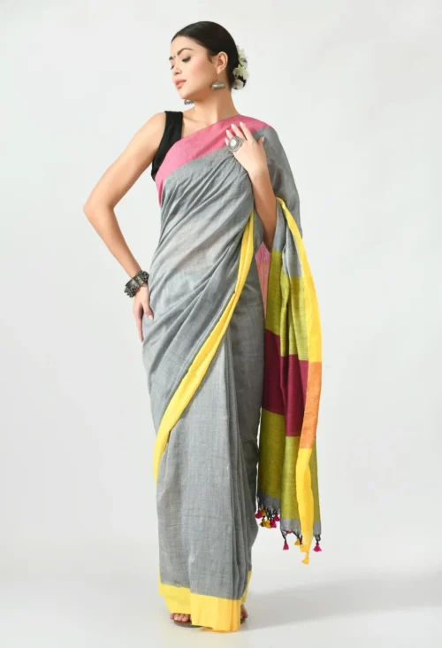 grey bengal mal cotton with contrast pallu and border saree