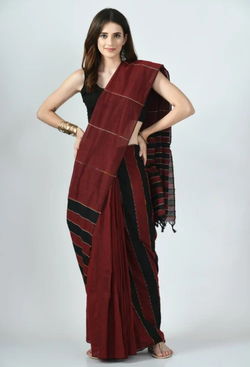 maroon black khesh saree with stripes