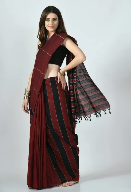 maroon black khesh saree with stripes