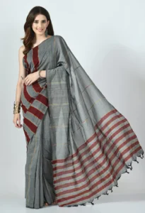 Misha Boutique Grey Khesh Cotton Saree With Stripes