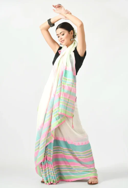 off white multicolor border begumpuri khadi cotton saree 504166 650x