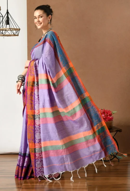 swapna creation purple khadi cotton saree with multi color pallu 847654