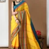 Yellow With Multicolor Border Khadi Cotton Saree