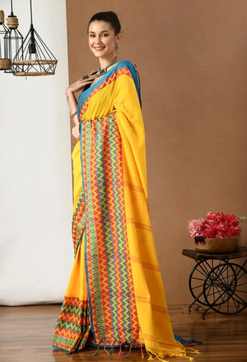 swapna creation yellow with multicolot border begumpuri khadi cotton saree 374107 650x