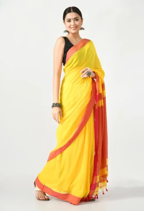 yellow bengal mal cotton with contrast pallu and border saree