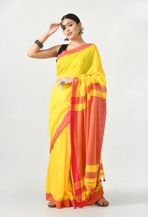 yellow bengal mal cotton with contrast pallu and border saree