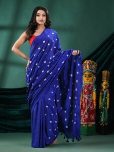 Premium Quality Handloom Cotton Blue Saree With Floral Design