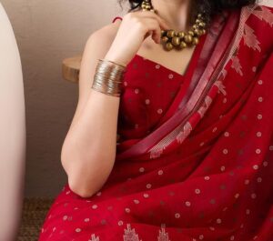 Premium Red Cotton Linen Printed Ready To Wear one Minute Saree