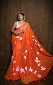 Premium Quality Exclusive Traditional Orange colour Begumpuri Handloom Cotton Sarees With Unstitched Blouse Piece