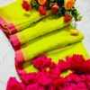 Premium Quality Pure 120 Count Green Mal Cotton Saree With Over Sized Pom Pom